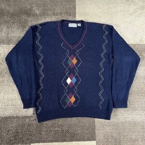 Vintage Method Mens V Neck Argyle Sweater Navy Blue Size Medium Ramie Cotton‎